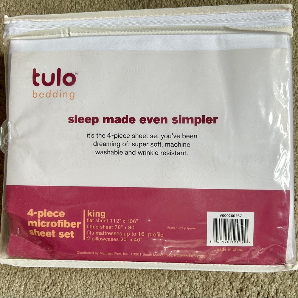 Tulo Bedding King Size 4-Piece Microfiber White Sheet Set New Unopened - Picture 3 of 5